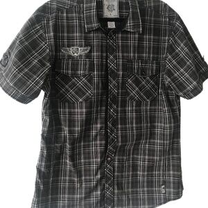 Buffalo David Bitton Plaid Black White Button front Cotton Logo Mens Shirt